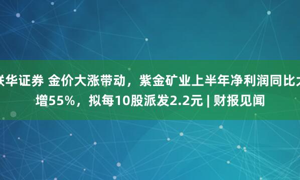 联华证券 金价大涨带动，紫金矿业上半年净利润同比大增55%，拟每10股派发2.2元 | 财报见闻